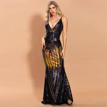 

2020 Spring Summer Sexy Halter Sequins Bodycon Women Maxi Dresses Backless Deep V Neck Elegant evening Party Dresses