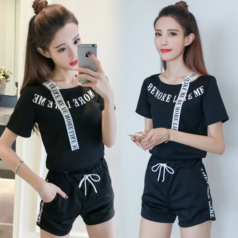 

Summer 2019 New Style Fashion WOMEN'S Suit Korean-style Loose Casual off-Shoulder Applique Tops Wide-Leg Shorts Two-Piece Set