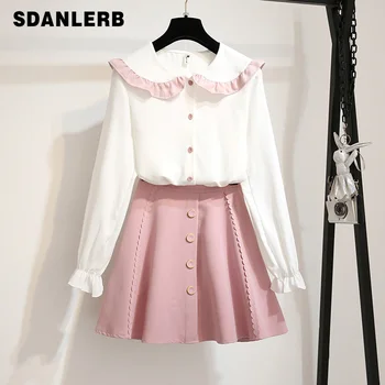

Chiffon Shirt + Skirt 2 Piece Set for Girls Student Spring Autumn Outfit Doll Collar Blusas Sets Ensemble Femme 2 Pieces