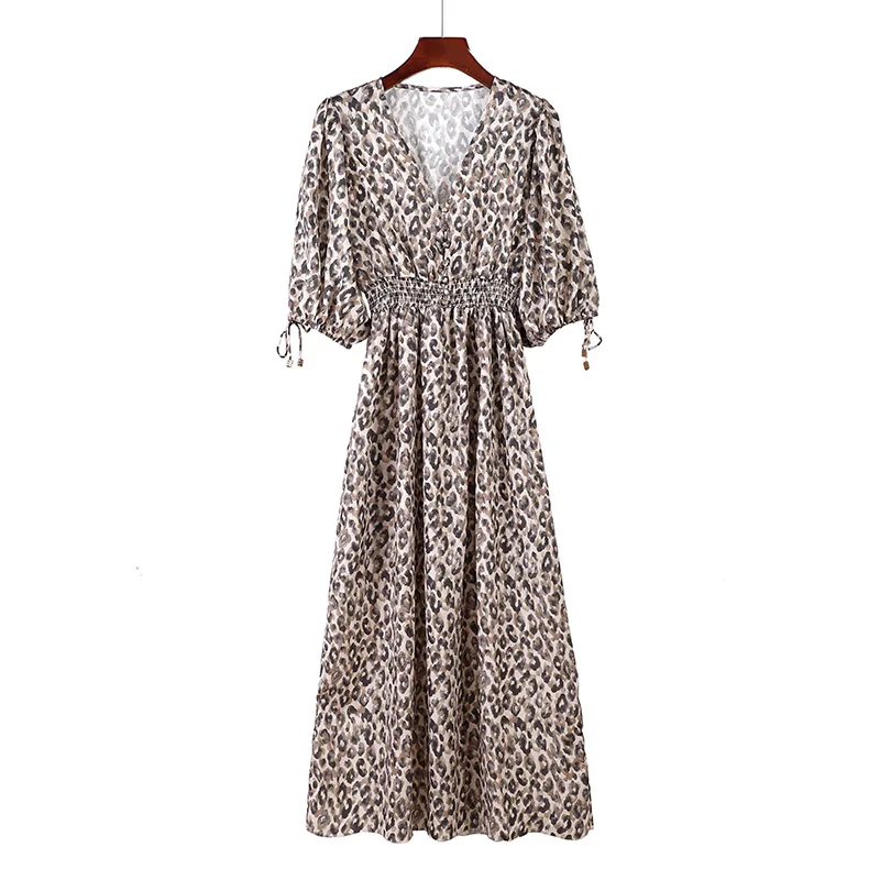 

Luxury Fashion Women Deep V Neck Tonal Leopard Print Empire Midi Dress - Ladies Melody Dress With Shirred Waist & Buttoned Front