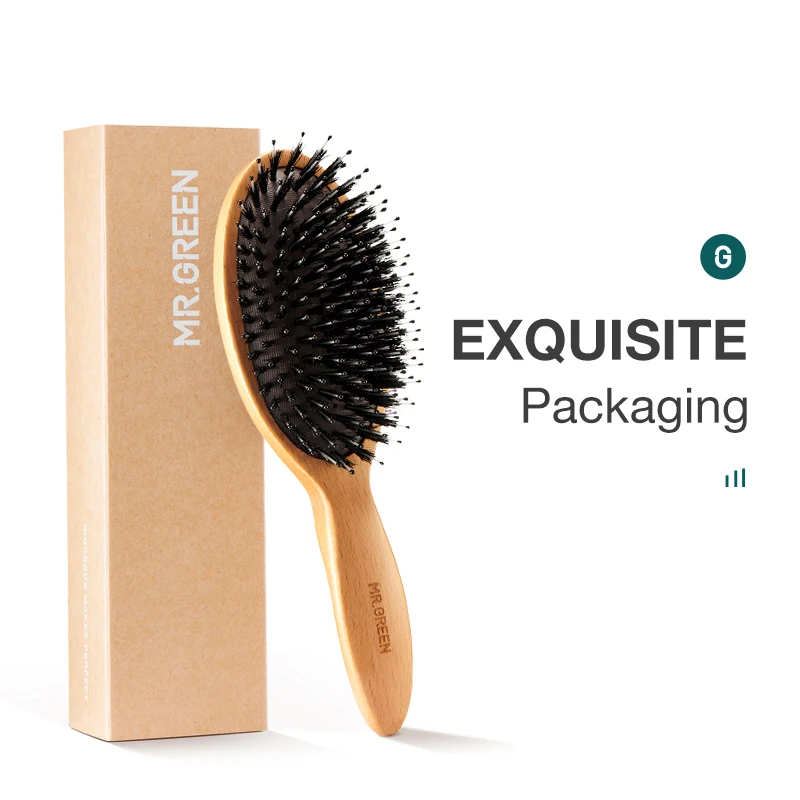 Escova de cabelo verde com cerdas de javali, pente de faia natural, escova de cabelo encaracolada, grossa, longa, seca e molhada, desembaraçadora_voghion.com