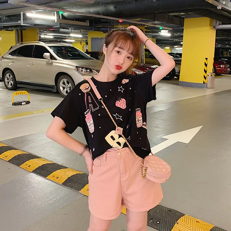 Lychee Harajuku клубника печати свободная женская летняя футболка короткий рукав женская футболка вырез лодочкой женские футболки