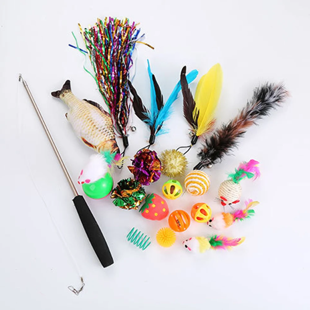20Pcs Pet Cats Kitten Teaser Retractable Wand Fish Feather Ball Scratch Chew Toy
