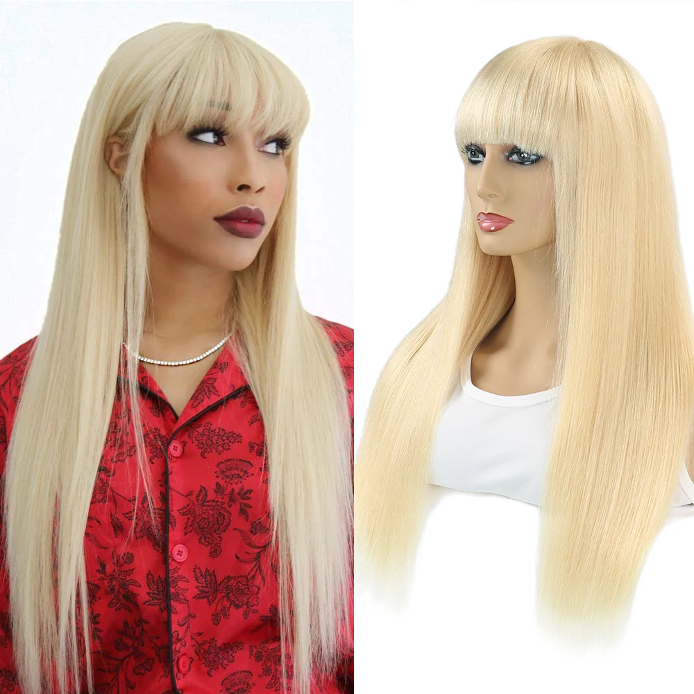 Blonde Silk Straight Ombre Human Hair Wigs With Bang For Women Brazilian Full Fringe Wig Machine Made Remy | Шиньоны и парики