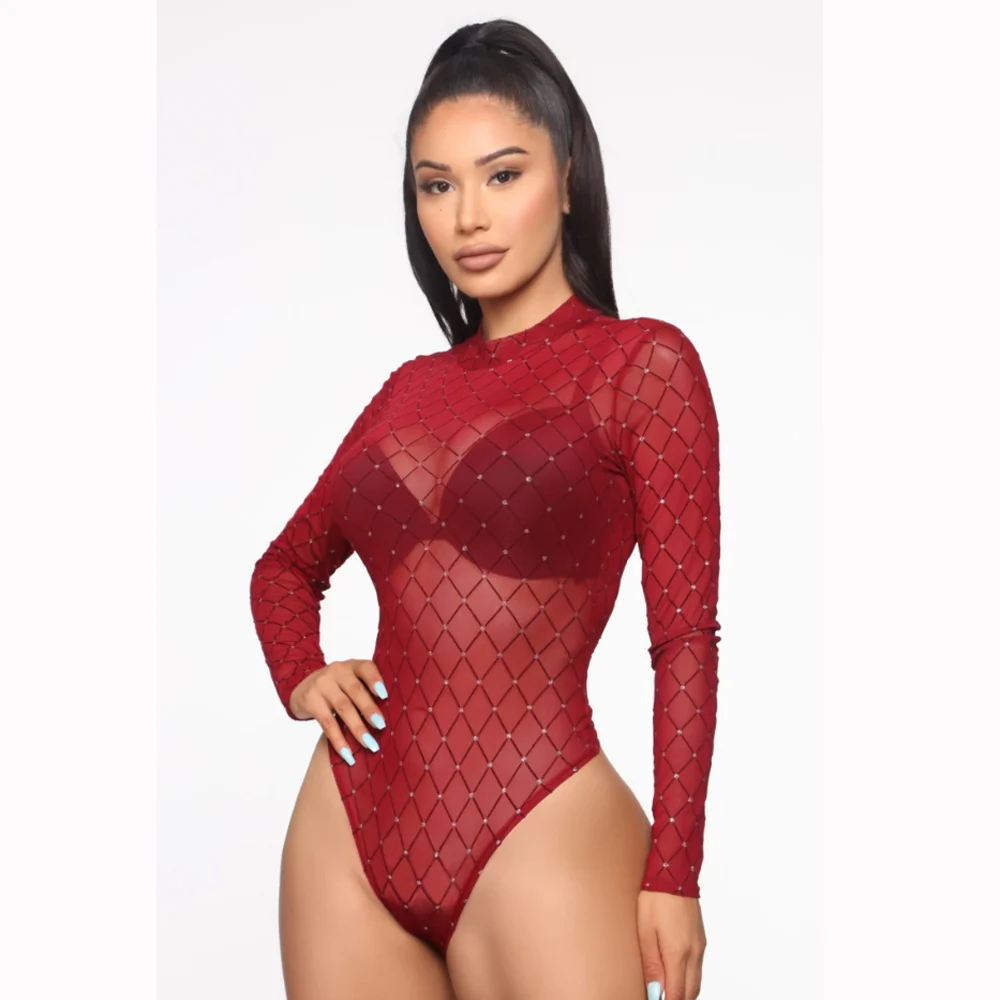 Hot Women Bodysuit Sexy Long Sleeve See Through PlaidOne Piece Rompers Club Top