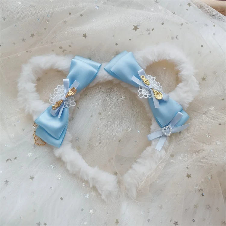 White And Blue Ручной работы сладкий медведь уха обруч для волос KC коричневый кофе цвет милый бант KC украшения для волос Лолита Kawaii аксессуары для волос Косплей - Цвет: White And Blue