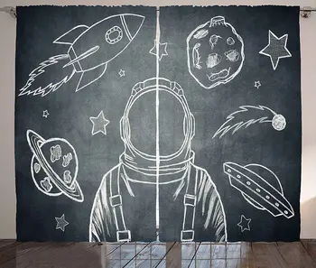 

Modern Window Curtains Space Backdrop with Planets and Sketchy Astronaut Asteroid Galaxy Image Living Room Bedroom Decor Curtain