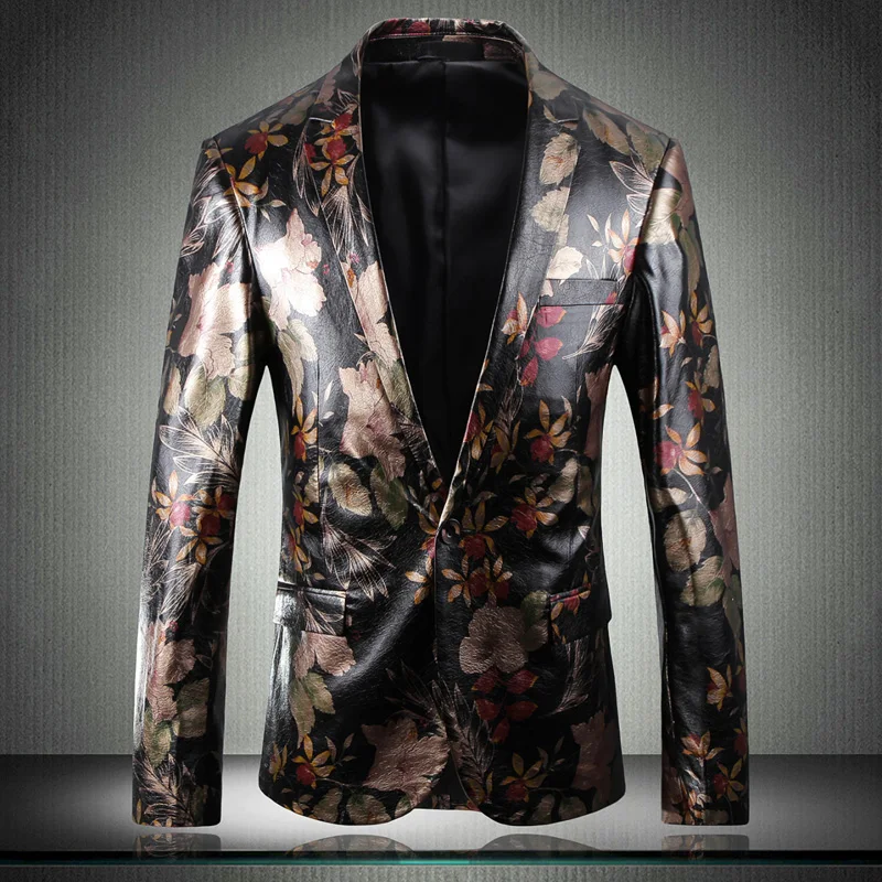 Высококачественный мужской блейзер, приталенная кожаная куртка, зимняя черная повседневная куртка, Мужская Высококачественная кожаная куртка с принтом розы