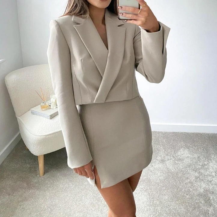 Crop blazer and skirt set elegant jacket notched long sleeve blazer suits two piece set women skirt sexy mini office skirt sets