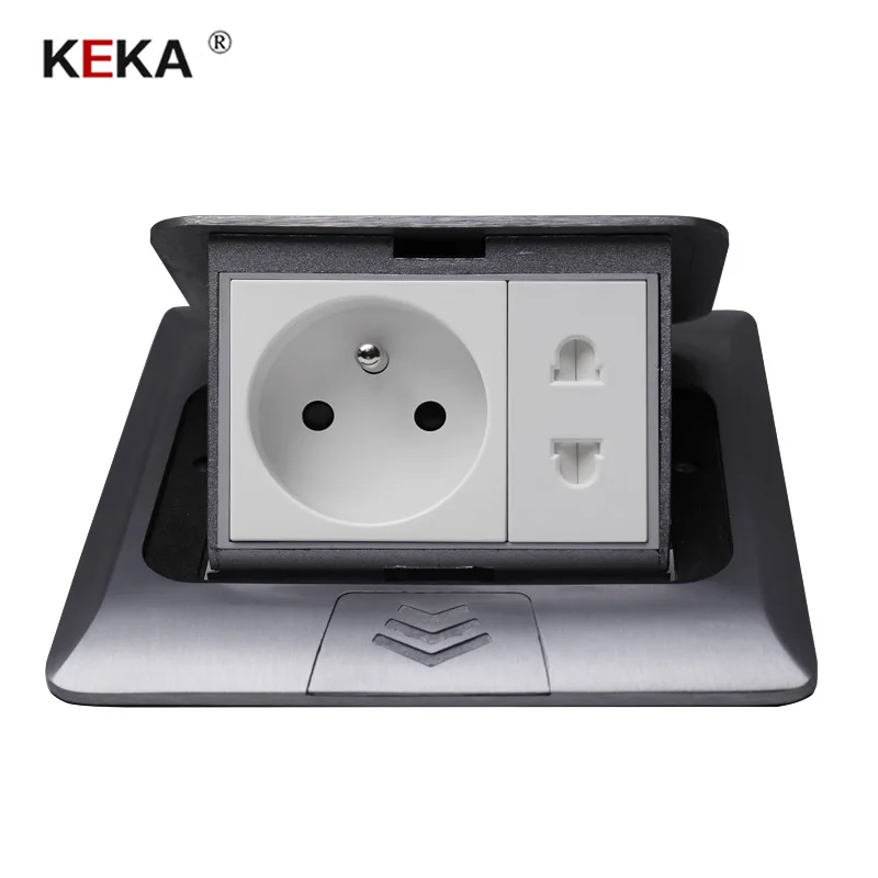 

KEKA All Aluminum Silver Panel 16A French Standard Table Socket + Universal 2 Hole Pop Up Floor Socket Power Outlet