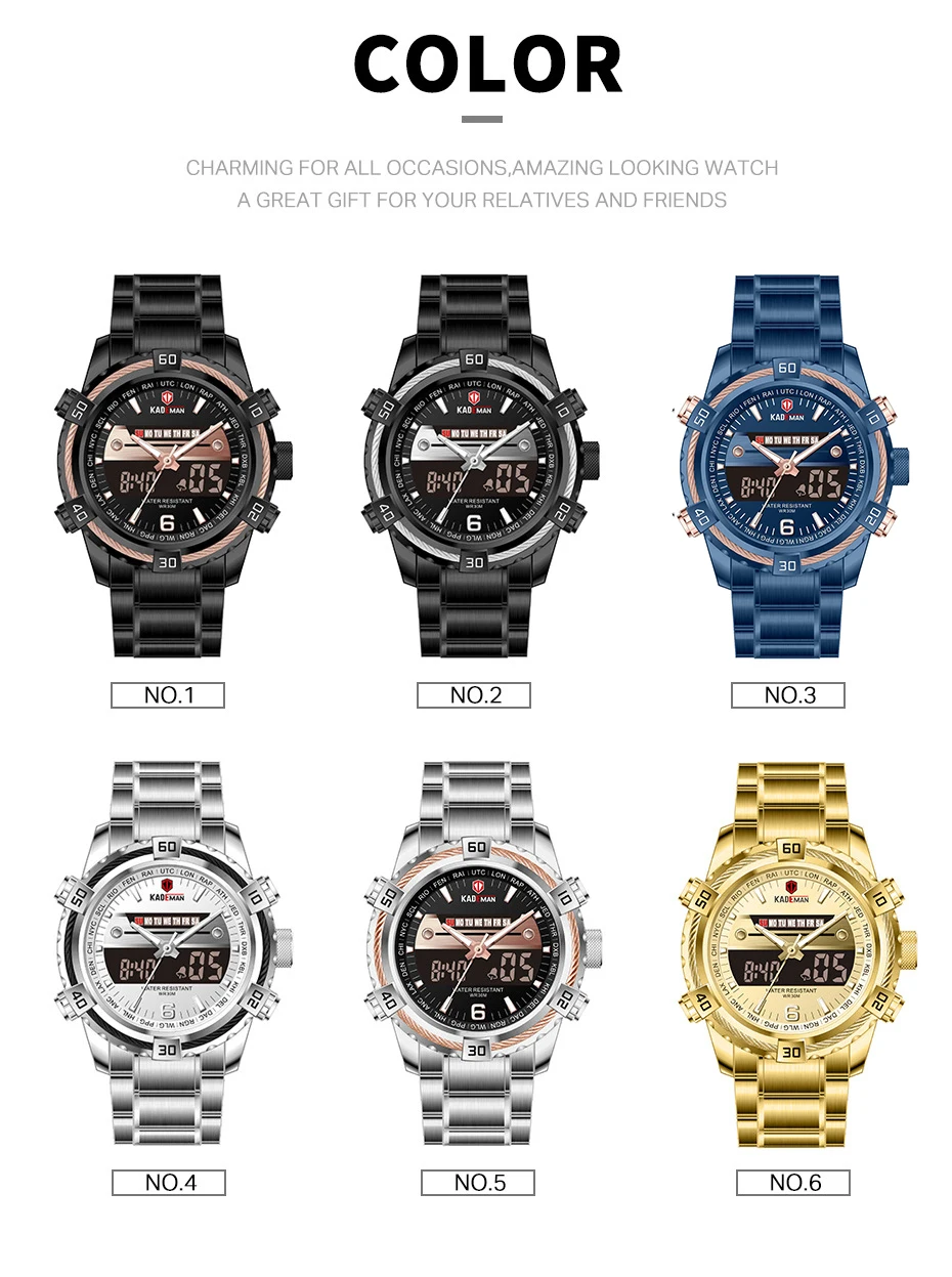 KADEMAN Роскошные мужские часы светодиодный дисплей цифровые часы Военные Спортивные наручные часы Лидирующий бренд 3ATM нержавеющая сталь Relogio Masculino