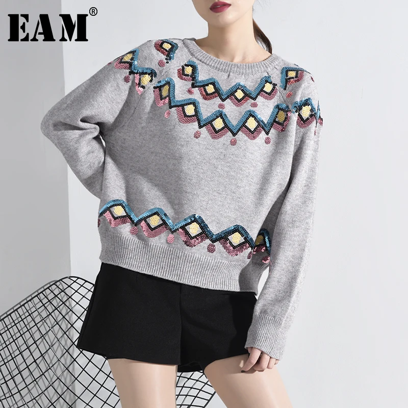 

[EAM] Big Size Sequins Knitting Sweater Loose Fit Round Neck Long Sleeve Women Pullovers New Fashion Tide Spring 2020 JH98402