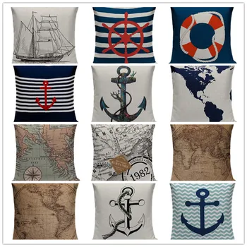 

Vintage Cushion Covers Marine Style Hand Painted Ship Almofadas 45Cmx45Cm Square Home Decor 1 Side Printing Outdoor Pillows