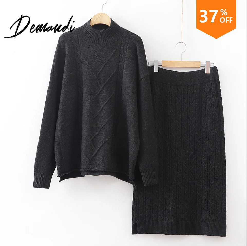 

DEMANDI Woman Sweater Slim Fall and Winter 2019 New Women's Round-collar Sweater Knitting Suit with High Waist and Twisted Skirt
