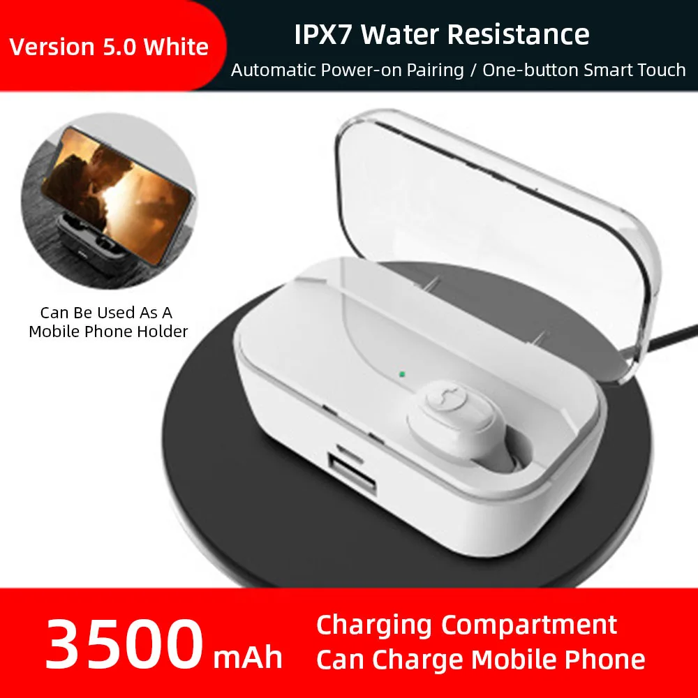 Bluetooth 5,0 наушники беспроводной 8D объемный звук Светодиодный дисплей питания IPX7 зарядное устройство для мобильного телефона держатель для звонков для iPhone X 8 Plus - Цвет: White Single Ear