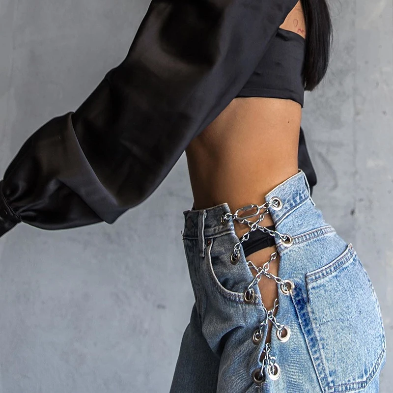 Sexy Woman Jeans Hollow Out Wide-leg Jeans Women Buttons Side Cross Chain High Waist Denim Pants Sexy 2023 Spring New Korea Pant