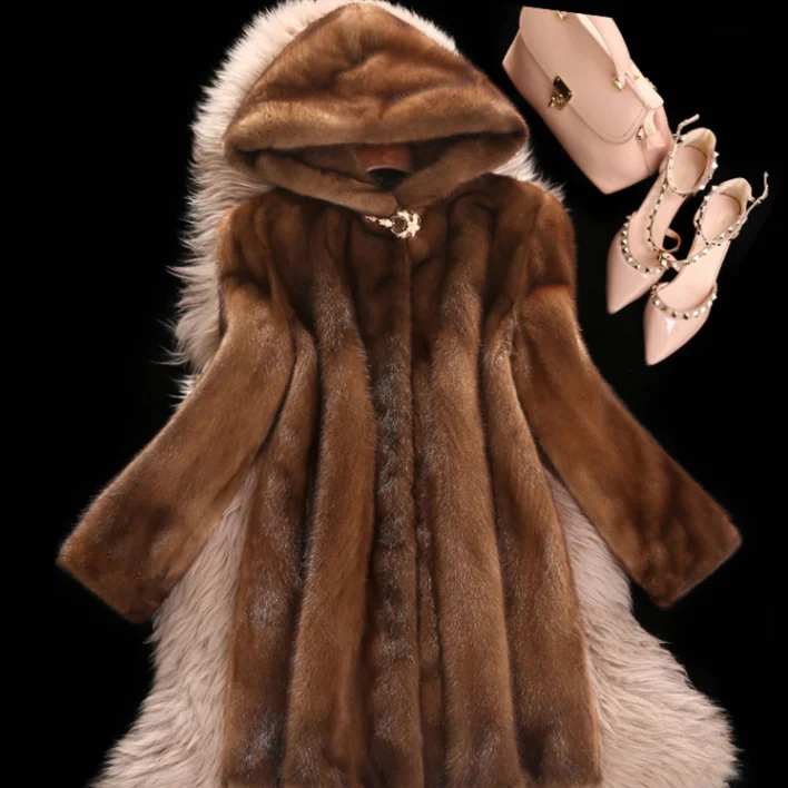 Женская шуба из искусственного меха норки, новинка, плюс размер 6XL, средняя длина, зимние топы с капюшоном, женские утолщенные коричневые шубы из меха норки, AQ358