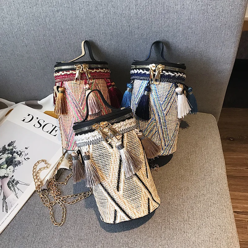 

Ethnic-Style Cylinder Bag Women's 2019 New Style Fashion Contrast Color Tassels Design Shoulder Oblique Handbag