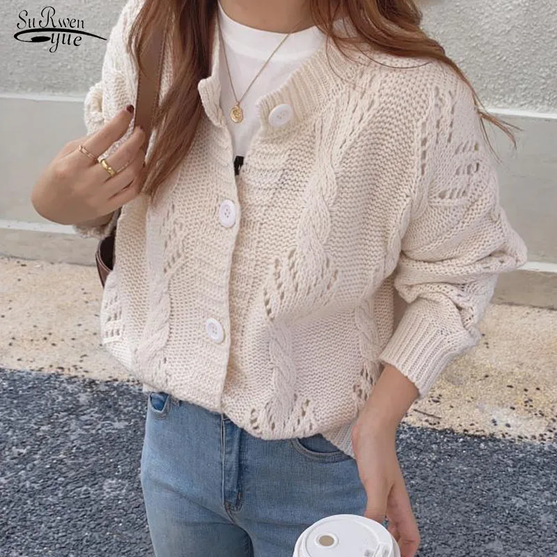

Pull Femme, Ранняя осень, модные милые открытые свитера, Свободный кардиган с круглым вырезом, однотонный вязаный джемпер, свитер для женщин, 11631
