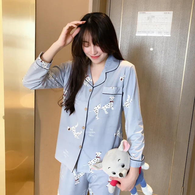 CAIYIER Autumn Winter New Sleepwear Set Women Turn-down Collar Pajamas Cute Cartoon Pattern Button Top+Pants Leisure Home Wear 908-22
