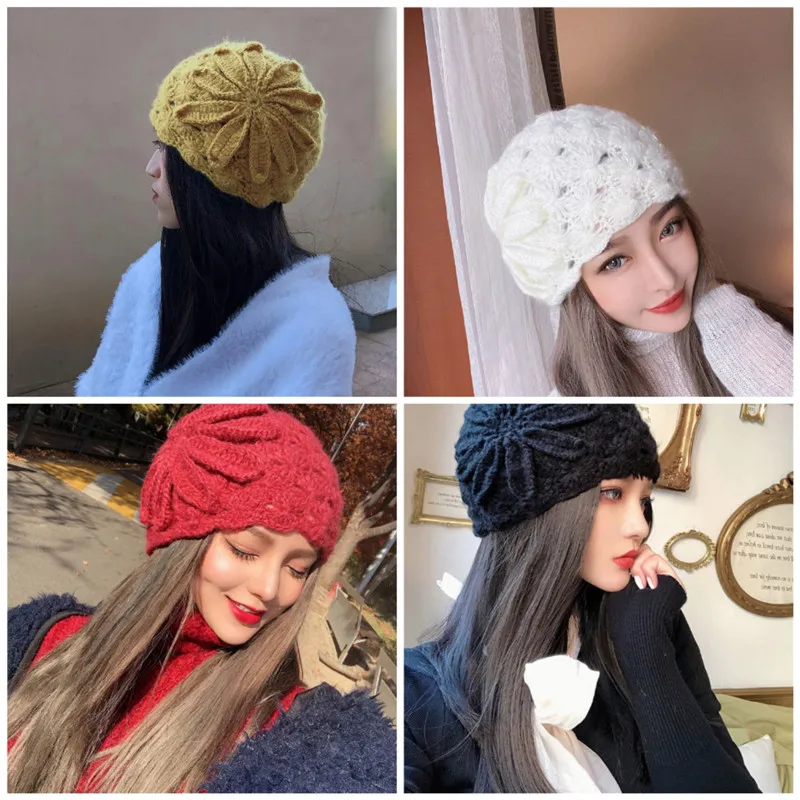 

Hat Woman, Autumn and Winter Korean Version of Versatile Hat, Retro Elegant Dahua Mahai Wool Hollow Knitted Warm Wool Hat