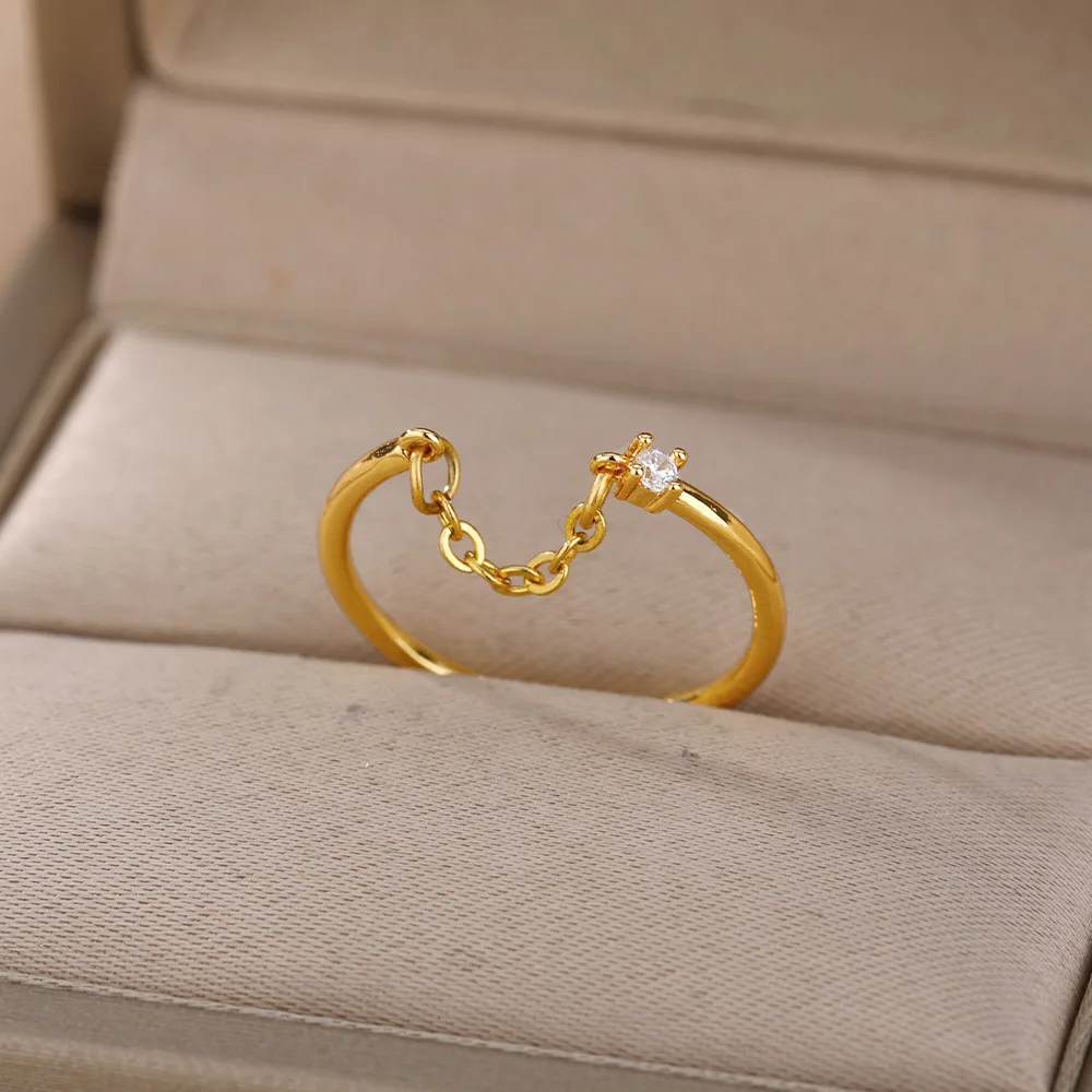 Finger Chain Rings For Women Stainless Steel Zircon Round Punk Rings Jewelry