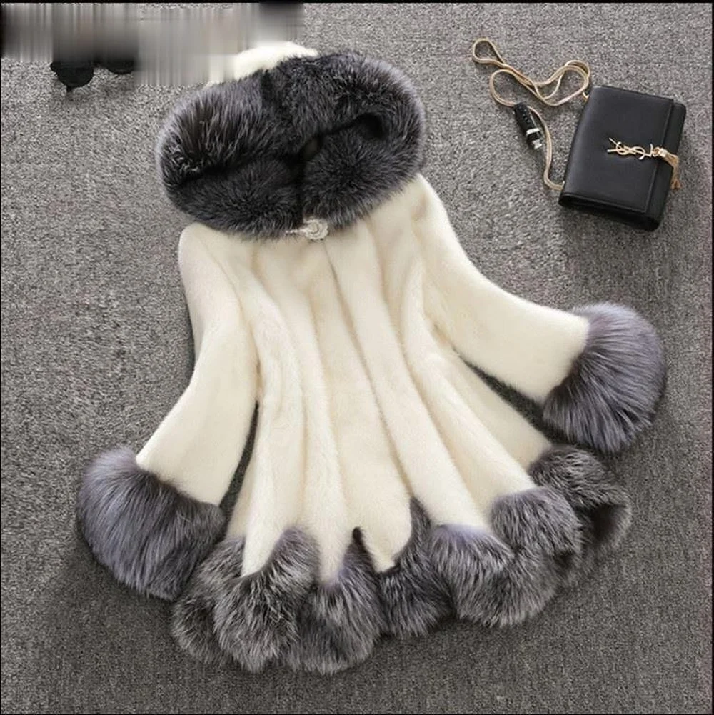 

Man-made Rabbit Fur Coat with Rich Flowers In The World Luxurious Long Hooded Fur Coat Tight Wide Warm Winter Plush New Clothing