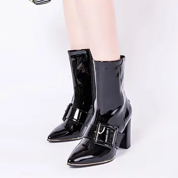 

WEIQIAONA Winter Women Shoes Warm Patent leather Square Toe High Heels Short Boot Ladies Shoes Martin Boots Ladies Shoes