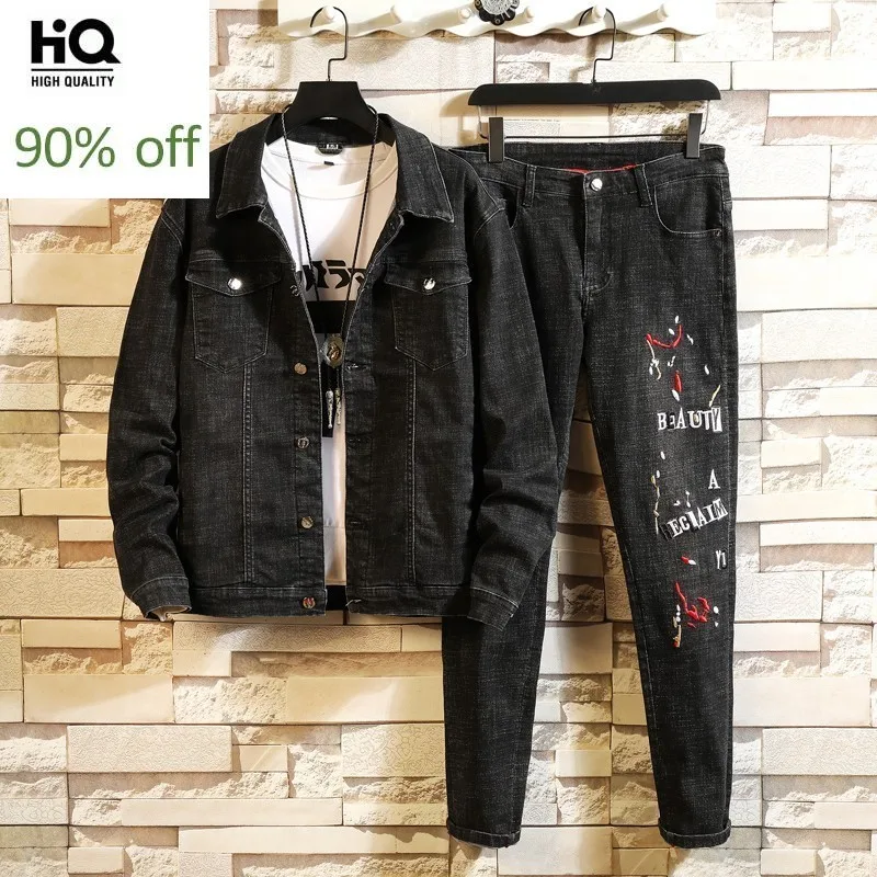 

Winter Denim Jacket Men Embroidered Jeans Suit Street Slim Fit Single Breasted Frayed Cowboy Coat Jeans Two Piece Set Plus Size