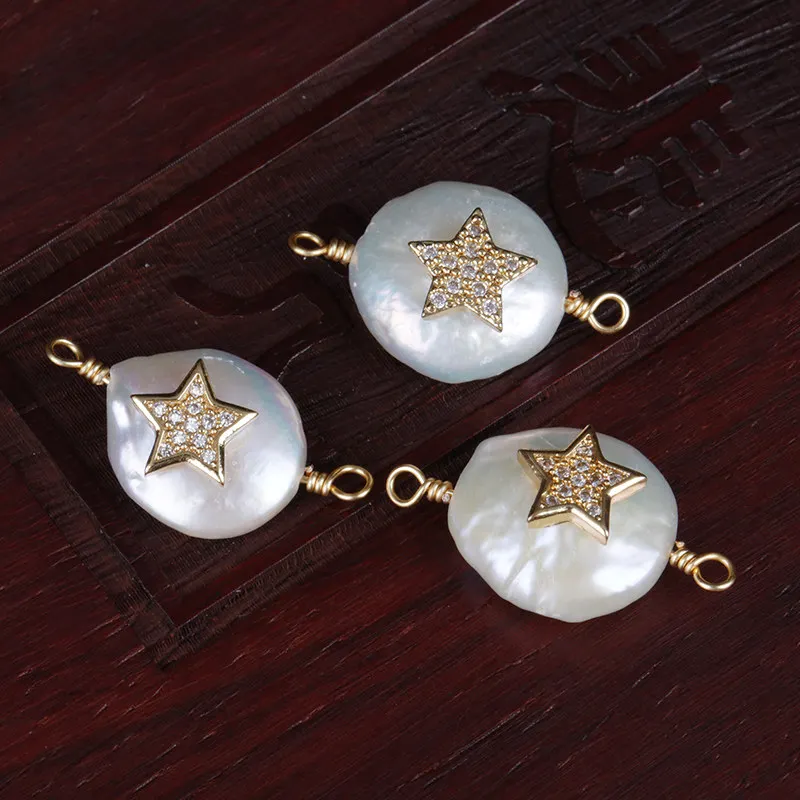 white clear cz crystal paved tiny gold star freshwater pearl connector bead charm for bracelet earring jewelry DIY | Украшения и