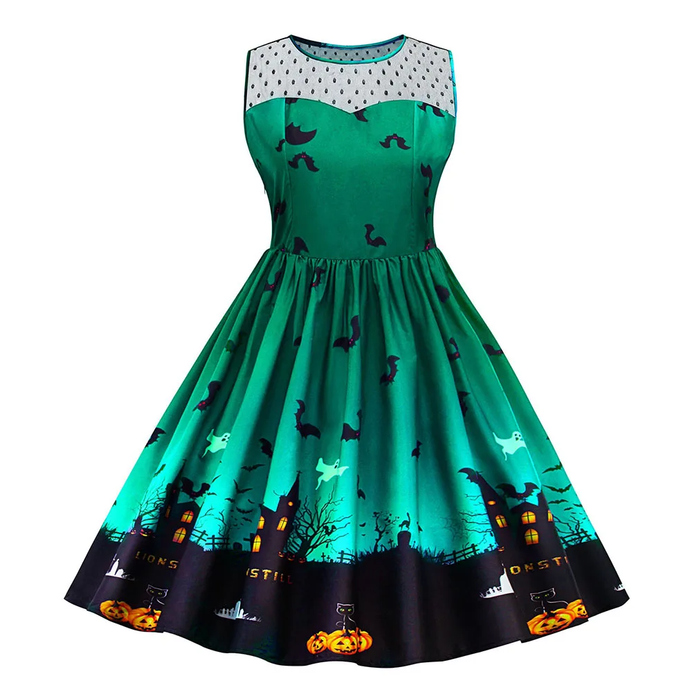 

fashion On Sale Summer Women Dress Vintage Midi Halloween Print Lace Panel Party Dress Retro Casual Sleeveless Dresses Plus Size