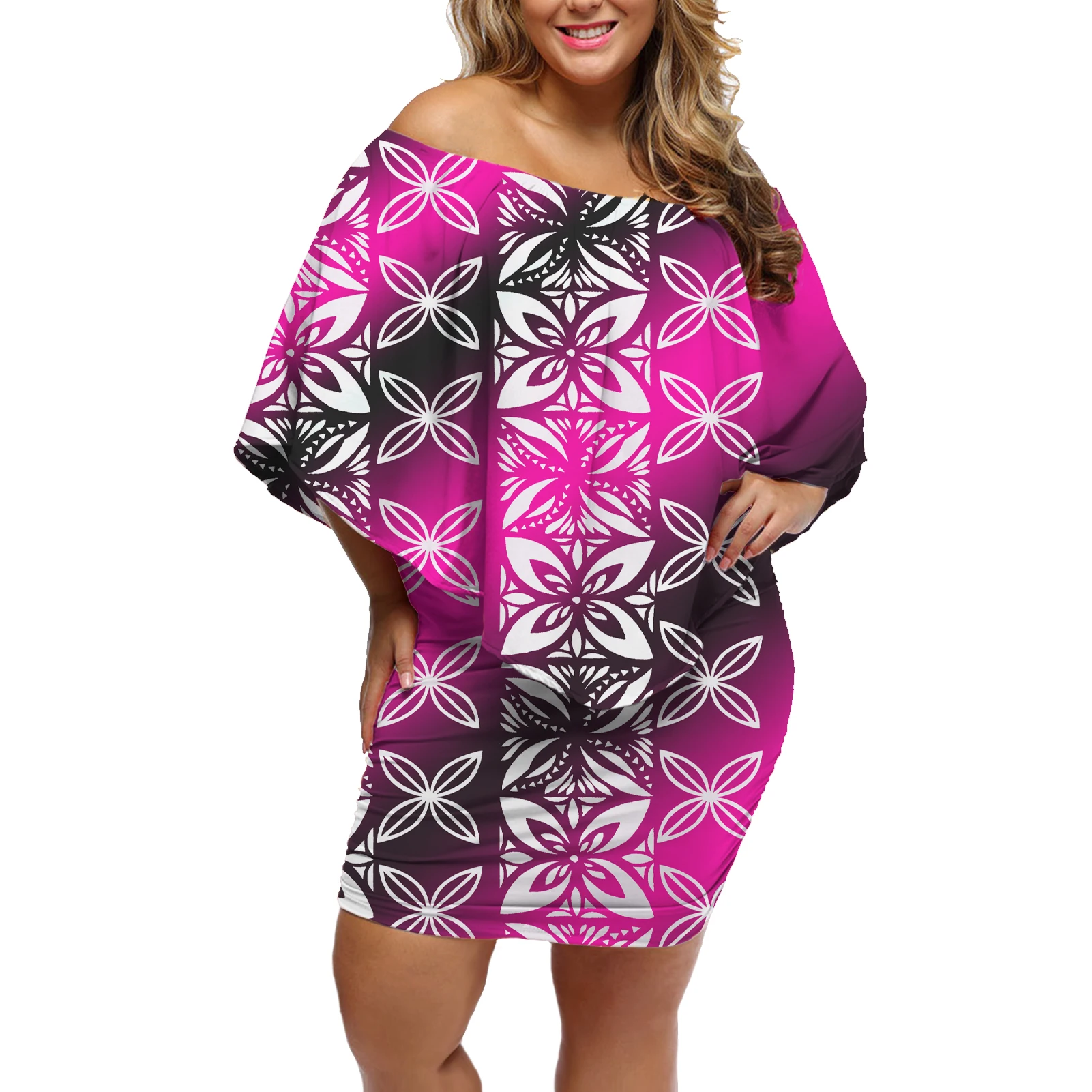 Customized Wholesale Polynesian Tribal Samoa Lokostyle Design Women Slash  Sleeve Short Sexy Ruffle Dress for Summer
