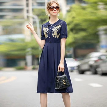 

High Quality Summer New Women's Fashion Casual Workplace Vintage Elegant Gentlewoman Embroidery Stitching Dresses Knee Length