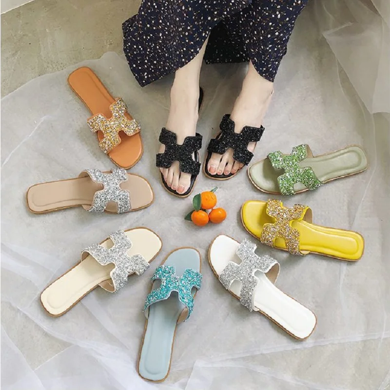 My-Love Women Cartoon slippers Butterfly-knot Open Toed Flat Slides Soft bottom Shoes bright diamond Korean fashion Lady slipper