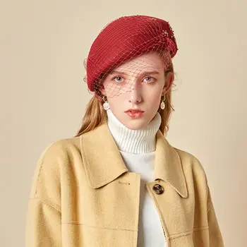 

Womens Faux Wool Fascinators Beret Hat with Mesh Veil Jewelry Rhinestone Beads Flower Embellished Cocktail Prom Wedding Hat M68A