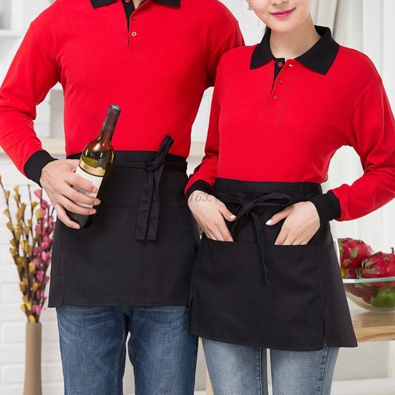 Men Women Kitchen Restaurant Waist Apron Solid Color Half Short Apron Adjusted With Pockets Pen Loops for Server Waiter Waitress Kitchen Apron