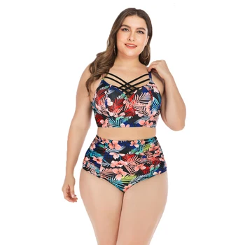 

2020 New Floral Patchwork Swimsuit Women Plus Size Swimwear Hollow Bathing Suit L-4XL Girl High Waist Beachwear Bikini Set