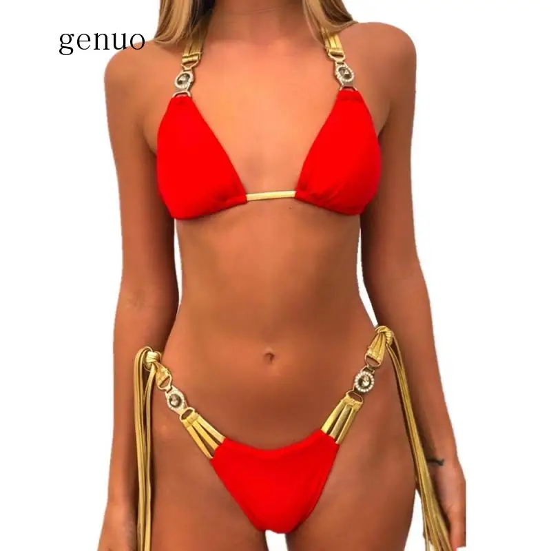 

Gold Tassel Sexy Crystal Bikini Swimsuit Female Pink Swimwear Women Swimming Suit Triangle Bikini Beach Wear Bathing Suit