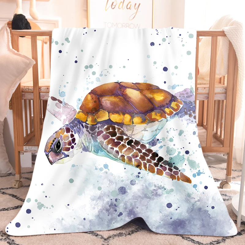 

Sea Turtle Watercolored White Fleece Sherpa Hooded Throw Blanket Flannel 3D Print Nap Warm Blanket 1pc Home Blanket for Bed Sofa