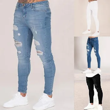 

Mens Solid Color Jeans 2019 New Fashion Slim Pencil Pants Sexy Casual Hole Ripped Design Streetwear