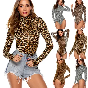 

Women Turtleneck Leopard Bodysuit Jumpsuit Bodycon Long Sleeve Leotard Tops