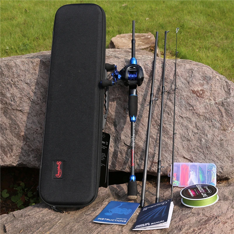 Sougayilang 1.8m 2.1m 4 Section Baitcsting Rod Full Kit Carbon Fiber Casting Reel Sets 100M Fishing Line Lures Hooks Combo Pesca