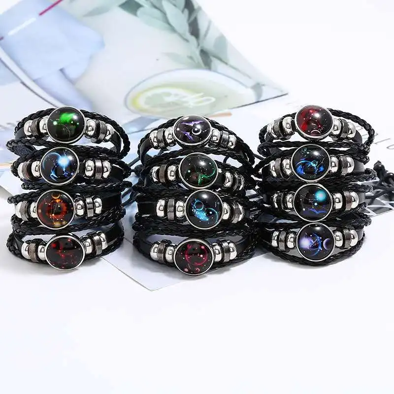 

Gemini Leo Libra Scorpio Sagittarius 12 Constellation Luminous Leather Zodiac Charm Jewelry Bracelet for Men