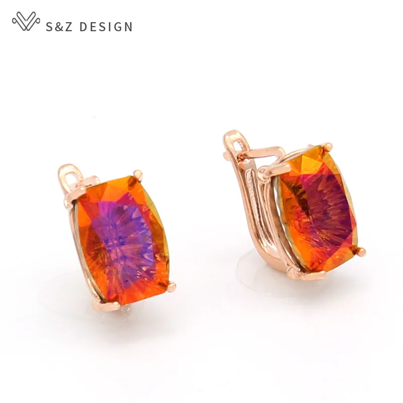 S&Z DESIGN New Fashion Square Crystal Dangle Earrings 585 Rose Gold Color Eardrop For Women Girl Wedding Party Jewelry