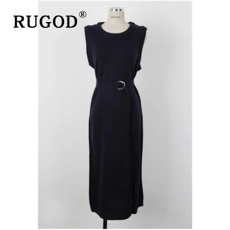 RUGOD, новинка, женский длинный вязаный жилет, круглый ворот, без рукавов, свободная туника, прямой жилет, платье, корейский шик, темперамент, элегантный свитер