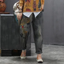 Женские джинсы деним брюки красота вышивка Ретро Винтажные модные повседневные большие свободные длинные для осени AZ69301519