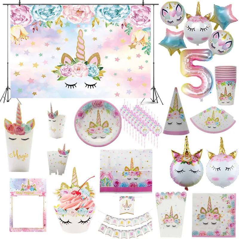 Juego de decoración para fiestas con motivo de unicornio, suministros para cumpleaños, incluye platos y vasos de papel, con guirnalda decorativa y mantel de mesa, ideal para 1er año y baby shower