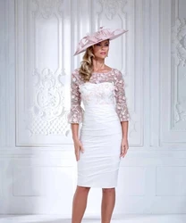 Plus Size Mother Of The Bride Dresses Sheath 3/4 Sleeves Knee Length Appliques Short Groom Mother Dresses For Wedding
