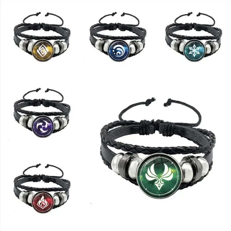 Genshin Impact Leather Bracelet Eye of God Water Wind Thunder Fire Rock Ice Element Snap Button Bracelets Bangle Cosplay Jewelry | Украшения
