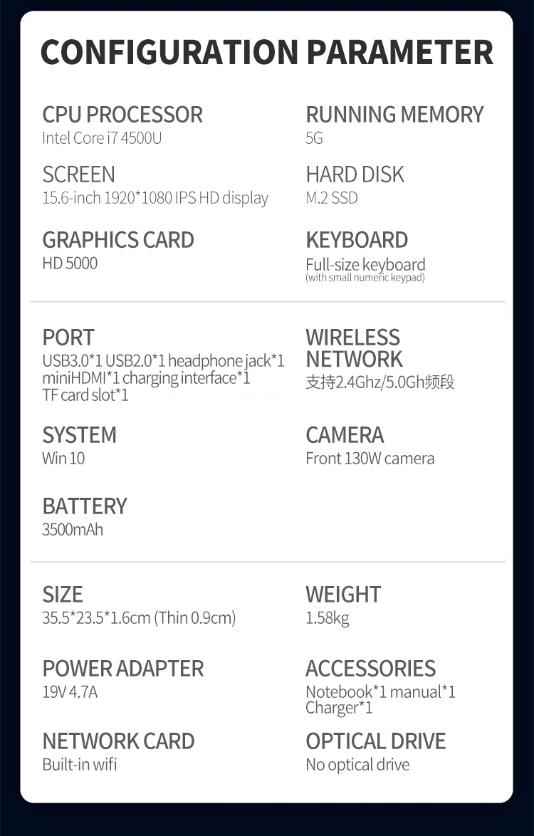 US Captain HF Ультратонкий Ноутбук Notebook Pro 15.6 дюймов Процессор Intel Core i7 4500U DDR3 Память 8G+1024G Разрешение 1920x1080 ОС Windows10 в Подарок сумка+ защитная пленка для экрана